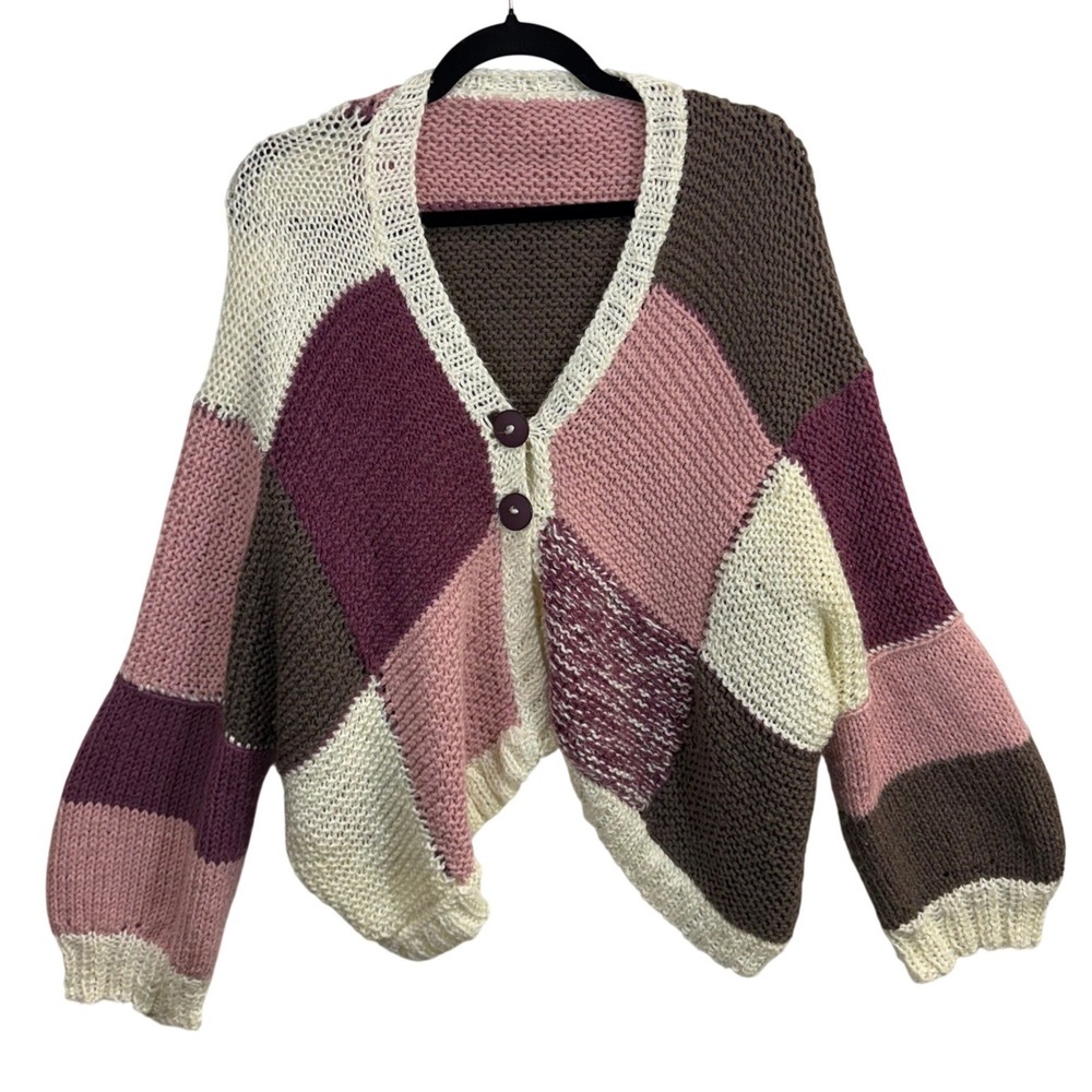 Handmade M/L Oversized Cardigan Pink Knit Cozy Boho Patchwork Artsy‎ Grandma Y2K - Picture 4 of 9